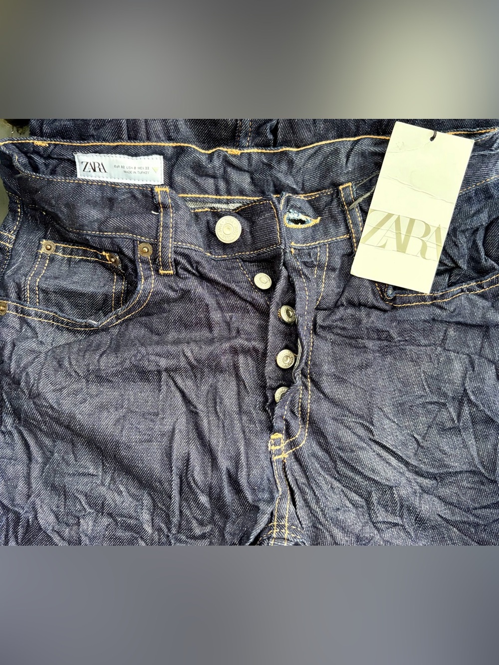 NWT ZARA Women's Dark Indigo Button-Fly High-Rise Jeans Crinkle/Texture/European